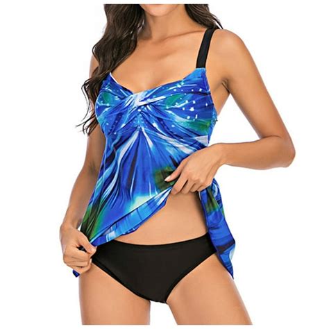 Tponi Womens Swimsuits Tummy Control Two Piece Sets Elastic Blue Plus