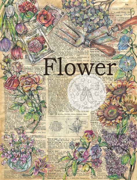 PRINT: Flower Mixed Media Drawing on Antique Dictionary - Etsy