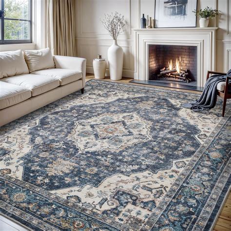 MontVoo Area Rug 5X7 Rugs For Living Room Blue Machine Washable Rug