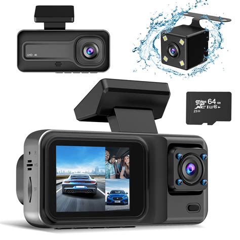 3 Channel 4K Dash Cam Dash Camera For Cars With 64GB SD Card 4K 1080P