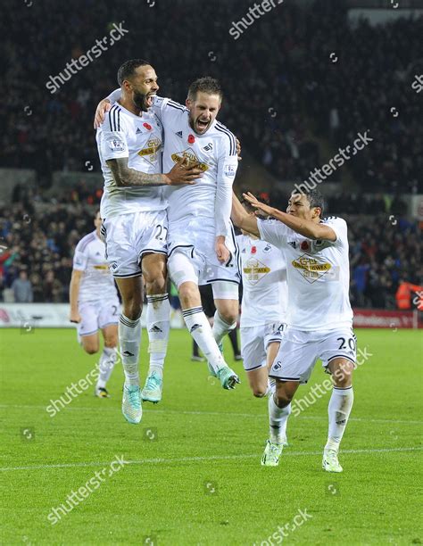 Swansea Citys Gylfi Sigurdsson Celebrates His Editorial Stock Photo