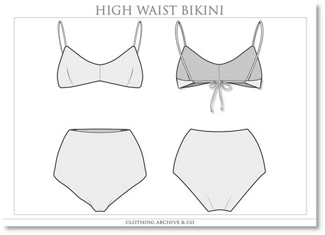 Highwaist Bikini Fashion Flat Sketch Swimwear Vector CAD Technical Drawings Instant Digital File