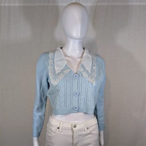 Cider Sweaters Cider Light Blue Knit Button Down Cardigan With Lace