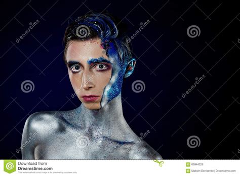 Crazy Young Androgyne Man With Face Art Spaceman Freak Person Stock