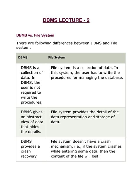 Dbms Lecture 2 Dbms Lecture 2 Dbms Vs File System There Are Following Differences Between