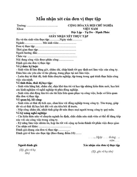 nhan xet cua don vi thuc tap    nhan xet cua don vi