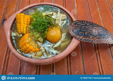 Colombian Cuisine Ajiaco Soup With Chicken And Vegetables Close Up In