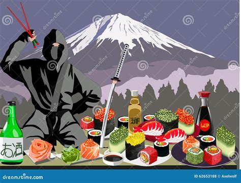 Ninja Sushi And Mount Fuji Vector Illustration Stock Vector