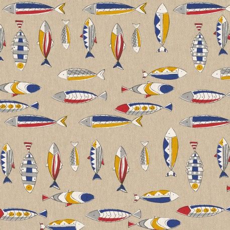 Tissu Toile Aspect Lin Imprim Poissons Oeko Tex