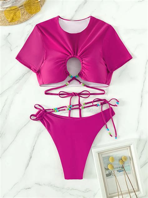 Rinabe Two Piece Suits Bikini Short Sleeve Swimsuit Women Sexy Bikini