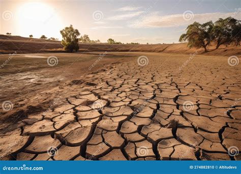 Drought Stricken Landscape With Parched And Cracked Earth Visible Stock