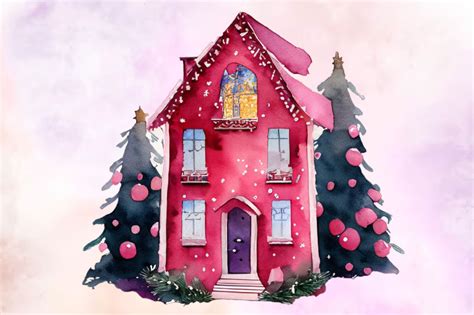 Pink Christmas House Watercolor Clipart Png By Pacific Store