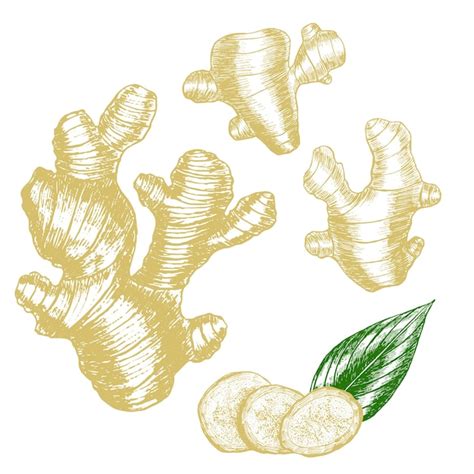 Premium Vector Ginger Hand Draw Sketch Slices Root And Leaves