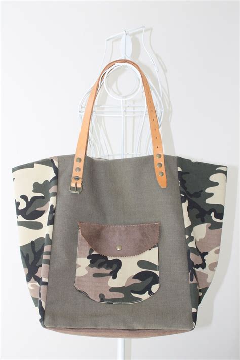 Cabas En Toile Militaire Kaki Et Simili Cuir Camouflage Anses En Cuir