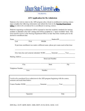 Fillable Online Asn Application For Re Admission Fax Email Print