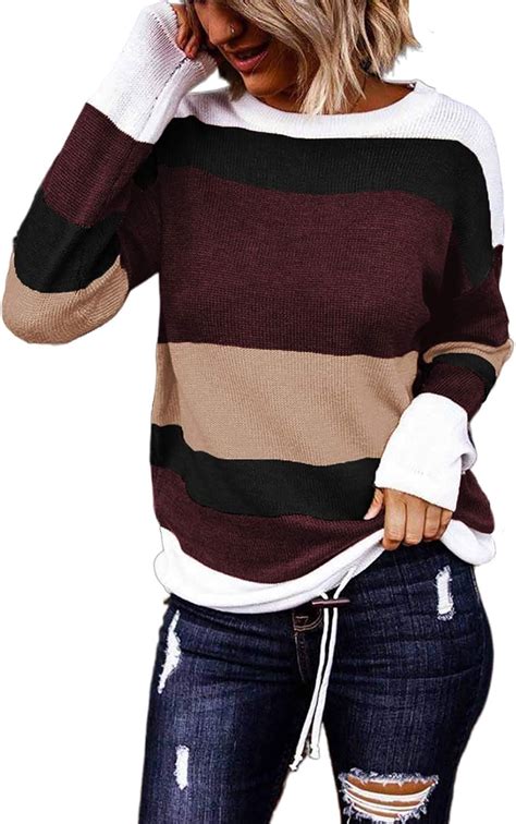 Dokotoo Fall Sweaters Round Neck Striped Cute Winter Pullover Sweaters