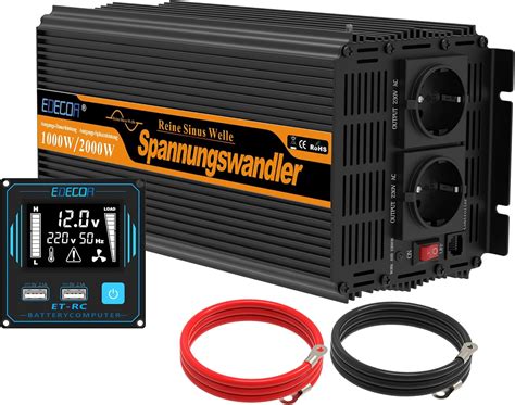 EDECOA convertisseur 12v 220v Pur Sinus 1000w 2X USB télécommande écran