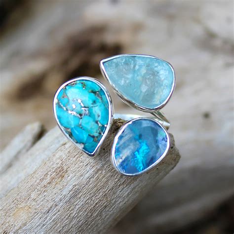 Aquamarine Opal And Turquoise Gemstone Adjustable Sterling Silver Ring