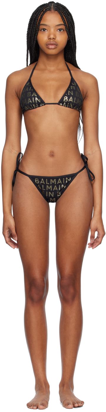 Balmain Glitter Logo Triangle Bikini In Black Gold ModeSens