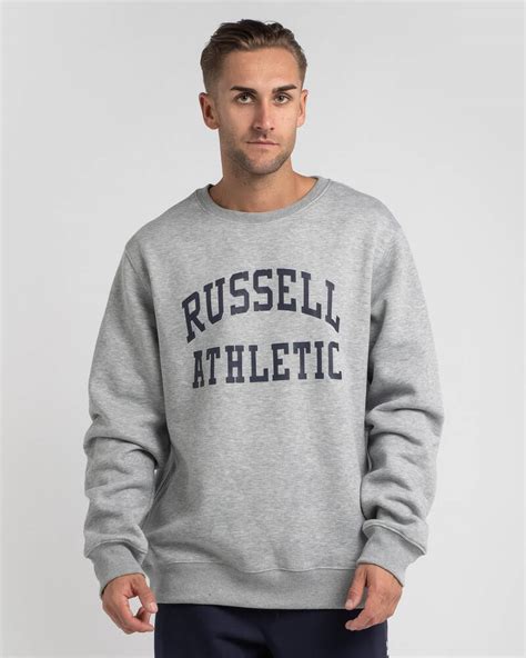 shop russell athletic arch logo crew sweatshirt  ashen marle fast