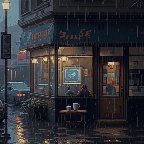 Bit Pixel Art Depicts A Cozy Coffeeshop On A Rainy Day Etsy