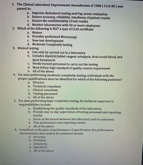 Solved 1 The Clinical Laboratory Improvement Amendments Of