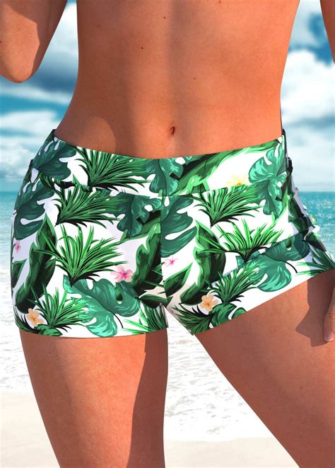 High Waisted Tropical Plants Print Green Swim Shorts Modlily