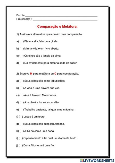 Atividades Sobre Metáfora E Comparação Com Gabarito