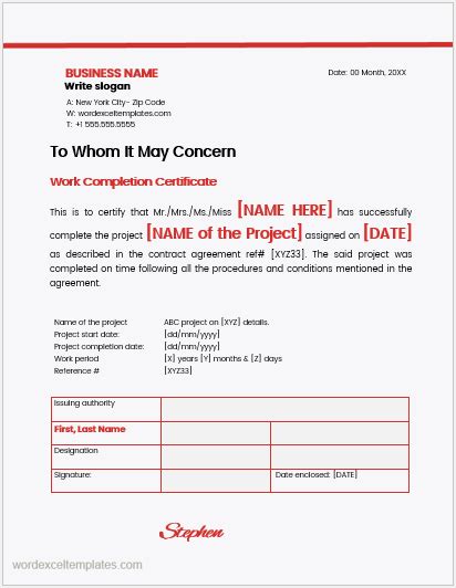 Certificate Of Work Completion Forms