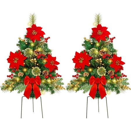 Set of 2 30 Inch Pre-Lit Pathway Christmas Trees, Outdoor Christmas Tree Decorations for Porch ...