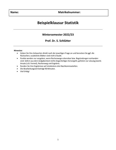 Beispielklausur Ohne Lsg Beispielklausur Statistik Wintersemester