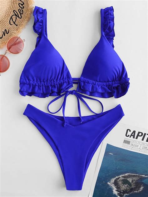 Zaful Frilled Tie High Cut Bikini Swimsuit Blueberry Blue Rose Spon