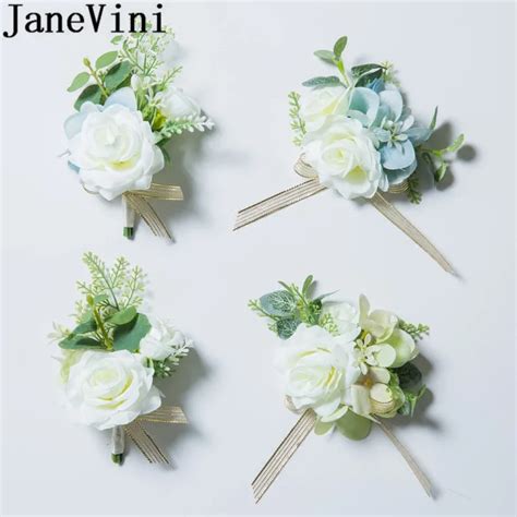 JaneVini Artificial White Groomsmen Wedding Corsage Rose Boutonniere