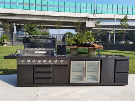 3 Piece 8 Burner Black Stainless Steel Electric Gas Outdoor Island Grill Kitchen Twin Fridge Sink