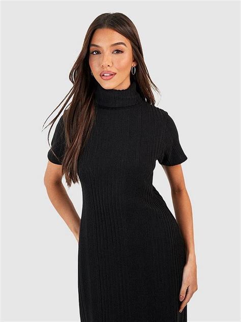 Boohoo Textured Rib Roll Neck Midi Dress Black Uk