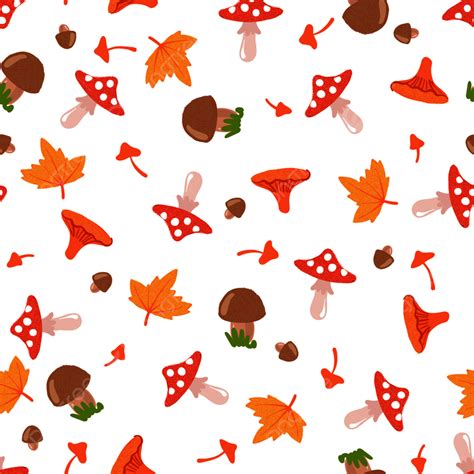 Seamless Pattern With Mushrooms And Leaves Isolated On White Background