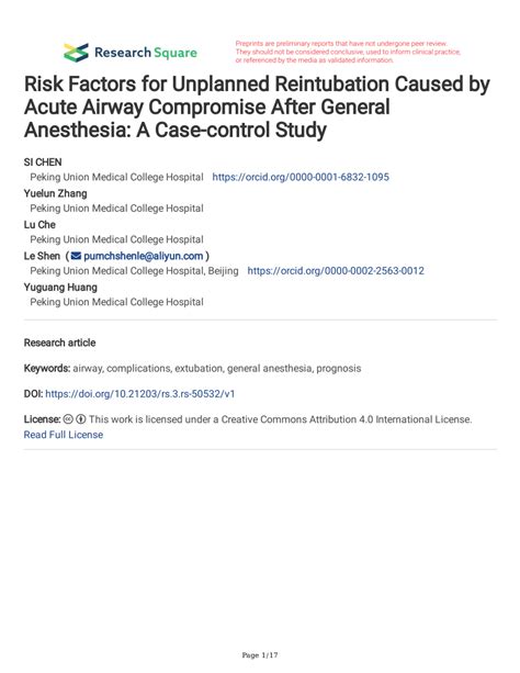 Pdf Risk Factors For Unplanned Reintubation Caused By Acute Airway Compromise After General