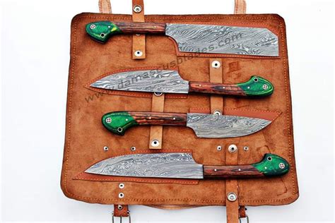 Damascus chef kitchen knife set with leather carry bag