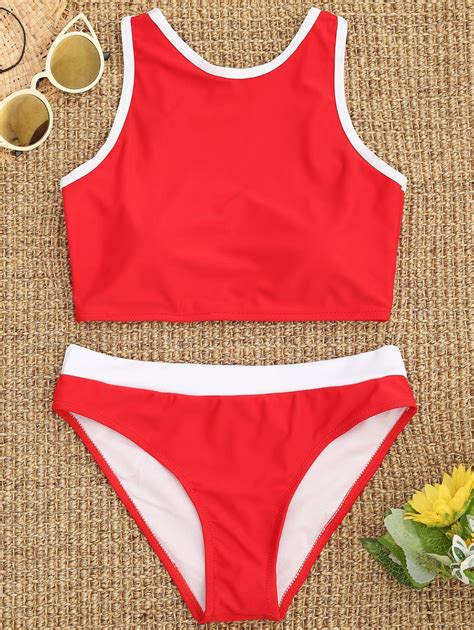 Off Contrast Piping High Neck Sporty Bikini In Red Zaful