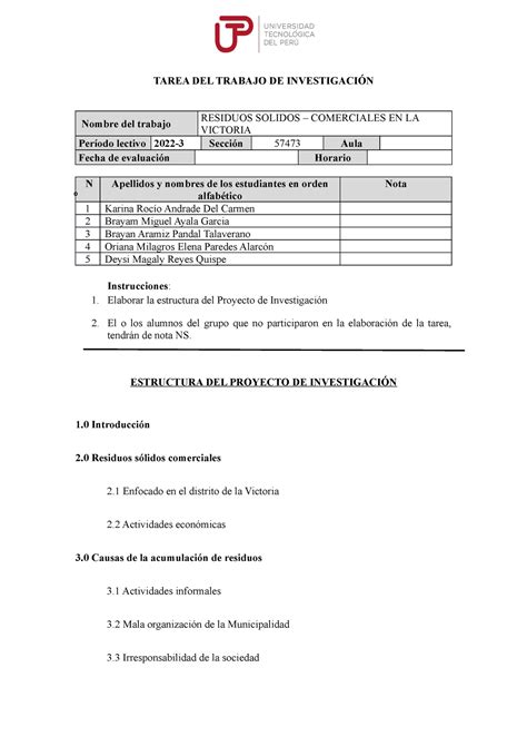 Semana 13 Estructura Del Trabajo De Investigacion TAREA DEL TRABAJO