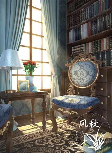 Safebooru Artist Logo Book Book Stack Bookshelf Chair Curtains Desk