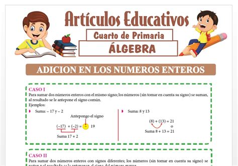 Adición en los Números Enteros para Cuarto de Primaria