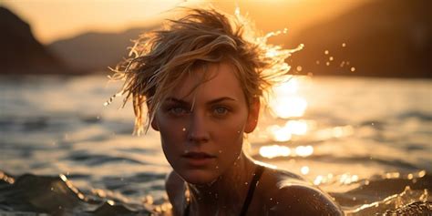 Belle Fille Blonde Aux Cheveux Courts Mouillés Dans L eau Au Coucher Du Soleil Photo Premium