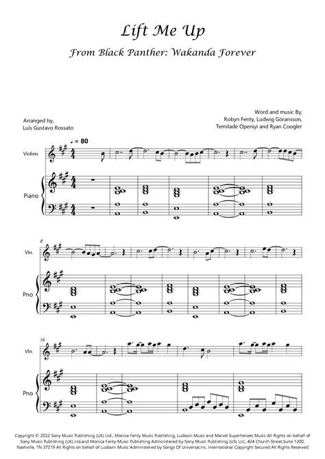 Lift Me Up Arr Luís Gustavo Rossato By Rihanna Sheet Music For Violin And Piano At Sheet