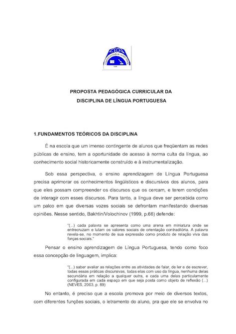 PDF PROPOSTA PEDAGÓGICA CURRICULAR DA DISCIPLINA DE PROPOSTA