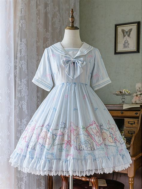 Light Blue Marine Print Summer Dress Sailor Collar One Piece