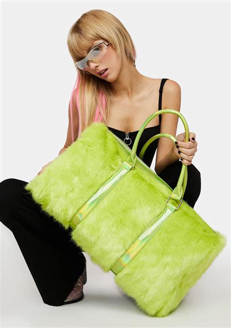 Club Exx Faux Fur And Holographic Weekender Bag Neon Green Dolls Kill