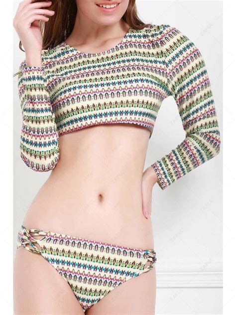 Printed Cropped Rashguard Bikini Set In Colormix S Zaful