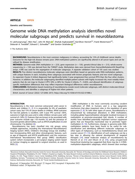 PDF Genome Wide DNA Methylation Analysis Identifies Novel Molecular