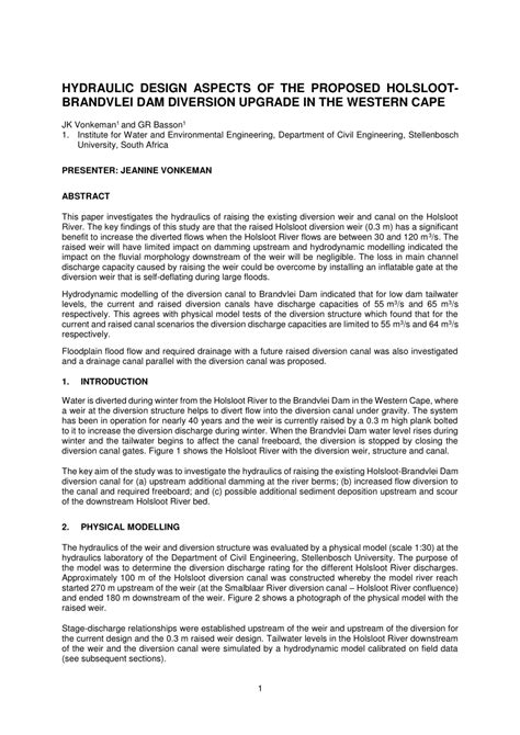 (PDF) HYDRAULIC DESIGN ASPECTS OF THE PROPOSED HOLSLOOT-BRANDVLEI DAM ...